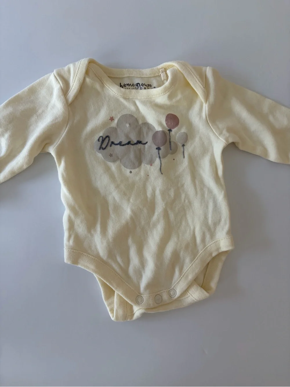 Home Grown Baby Ivory Long Sleeve Cotton Bodysuit 0-3 Months Dream And Balloons